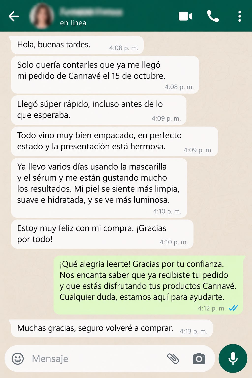 Reseña de clienta sobre su pedido Cannavé